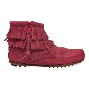 Minnetonka Double Fringe Ankle Boot Girls Pink Suede Leather Side Zip Size 13